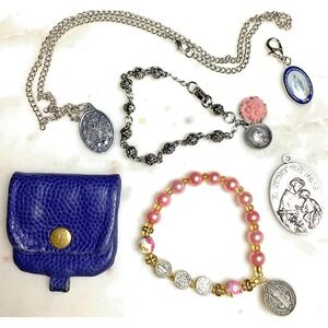 Catholic Medal Jewelry Lot – St Jude Benedict Bracelet Rosary Pouch St. Anthony